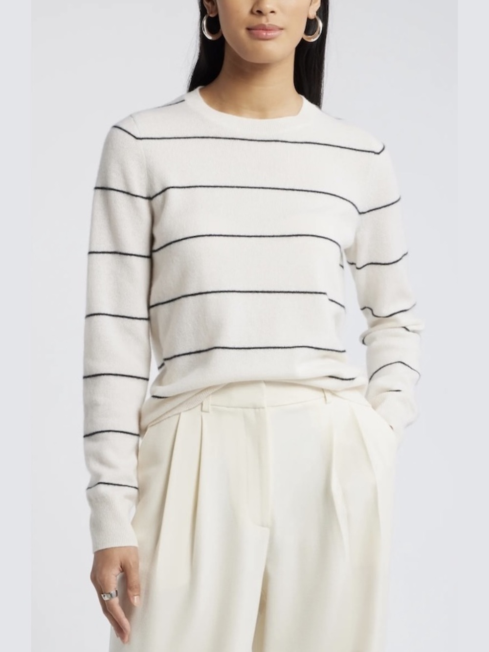 Nordstrom Cream Cashmere Crewneck Sweater with Black Stripes